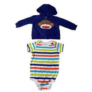 Baby Starters Monkey Hoodie Striped Romper Set 9 Months Blue Outfit Sweatshirt